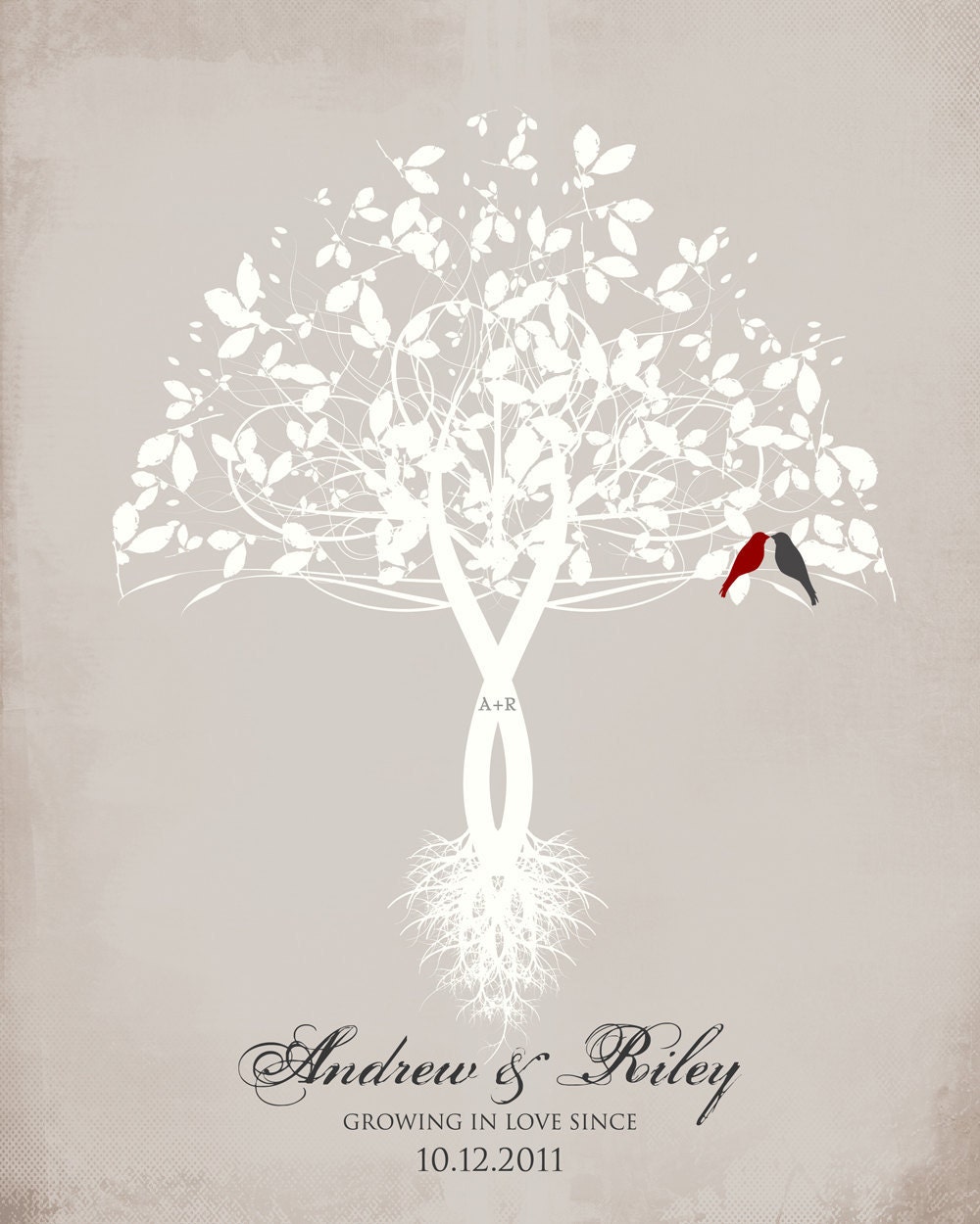 Personalized Wedding Anniversary Gift Tree with Love Birds PRINTABLE PDF FILE 8 x 10 custom colors and fonts