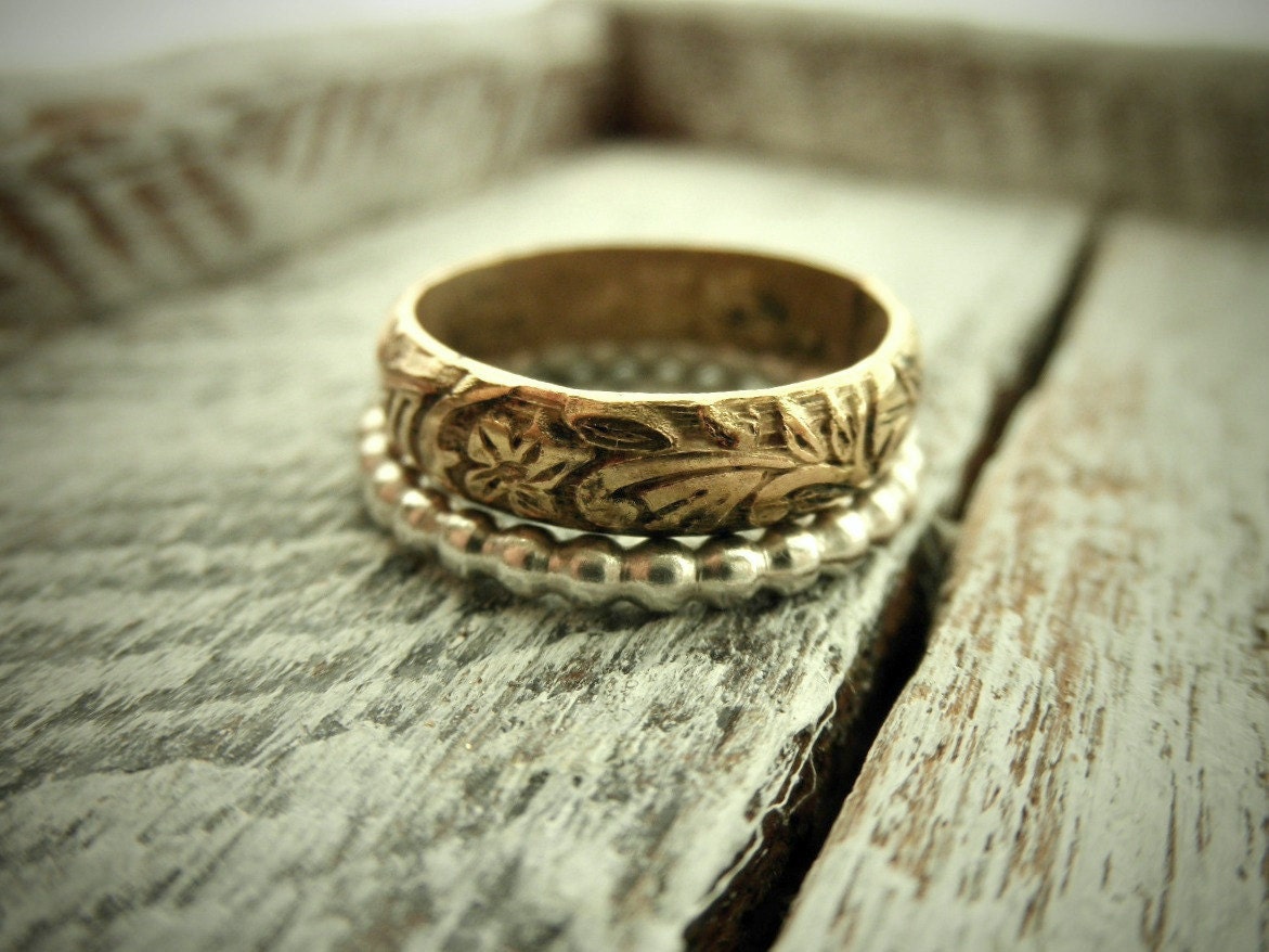 Romantic Antique Rustic Gold & Silver Stacking Ring Set w Secret Message- 14K Gold Filled  And Silver Ball Ring Set by Pale Fish NY