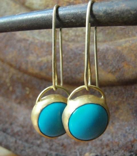 Blue Turquoise Earrings, Gold Earrings, 22k Gold & Turquoise Earrings