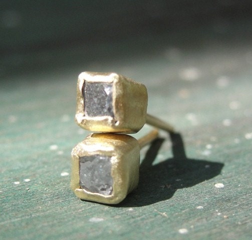 Rough Diamond Earrings - Diamond Earrings - Gold Earrings - 18K Yellow Gold Earrings and Rough Diamonds