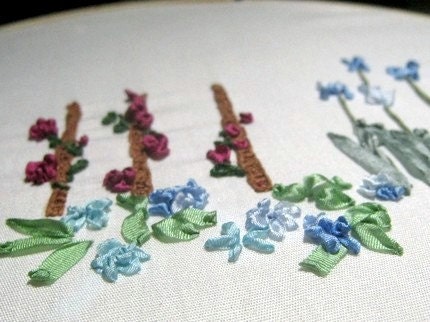 Silk Ribbon embroidered blue irises and dark pink roses