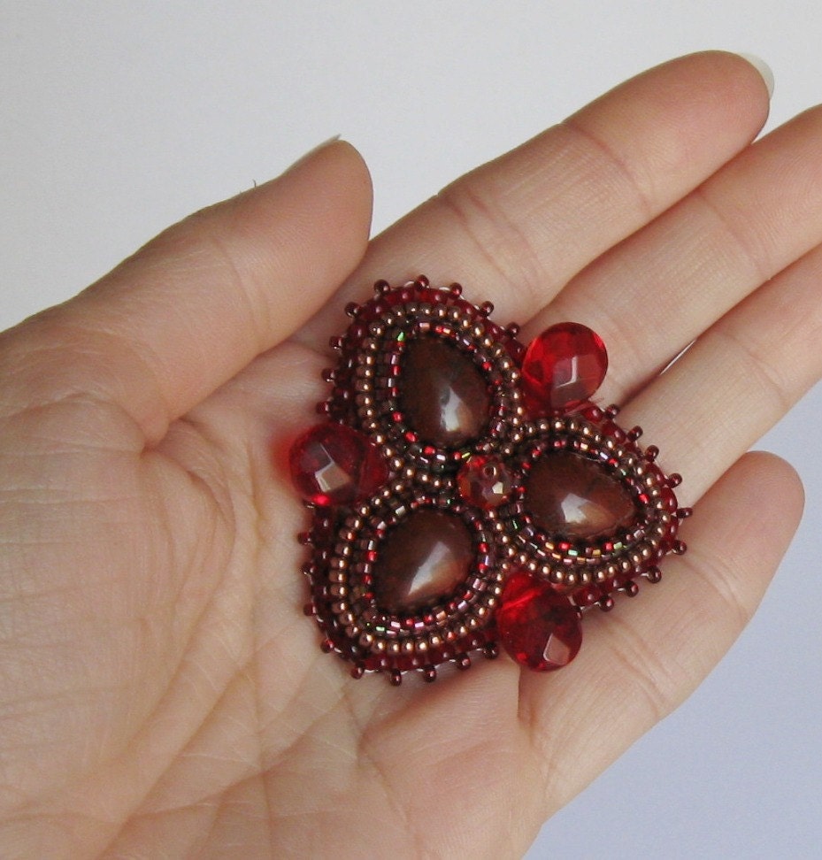 Brooch red jasper embroidery OOAK "Autumn"