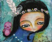 A bird in my hair- art print 8x10 mixed media art