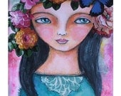 Mexican girl Art Print mixed media painting 8 x 10- Today I am a flower