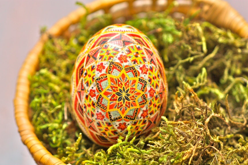 Traditional Rose Design Ukrainian Egg in Bright Yellow, Red and Green