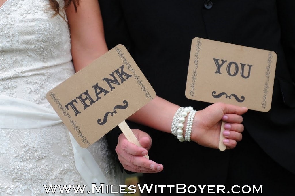 The ORIGINAL-The Mr/The Mrs- Mustache/ Lips- Thank You Double Sided Wedding Photo Props Signs on Kraft Paper- Set of 2