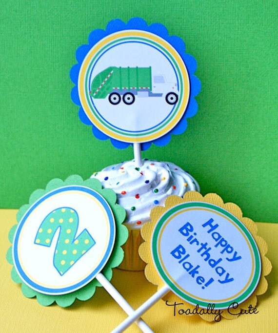 NEW - Garbage Truck, Cupcake Toppers, personalized set of 12 Il_570xn