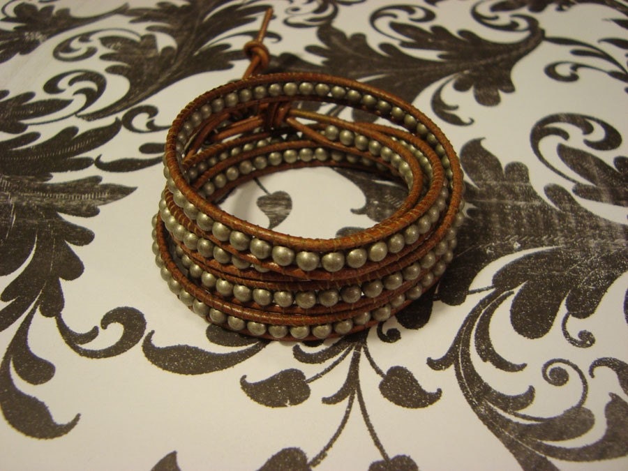 Leather Beaded Wrap Bracelet - Light Brown and Antique Silver