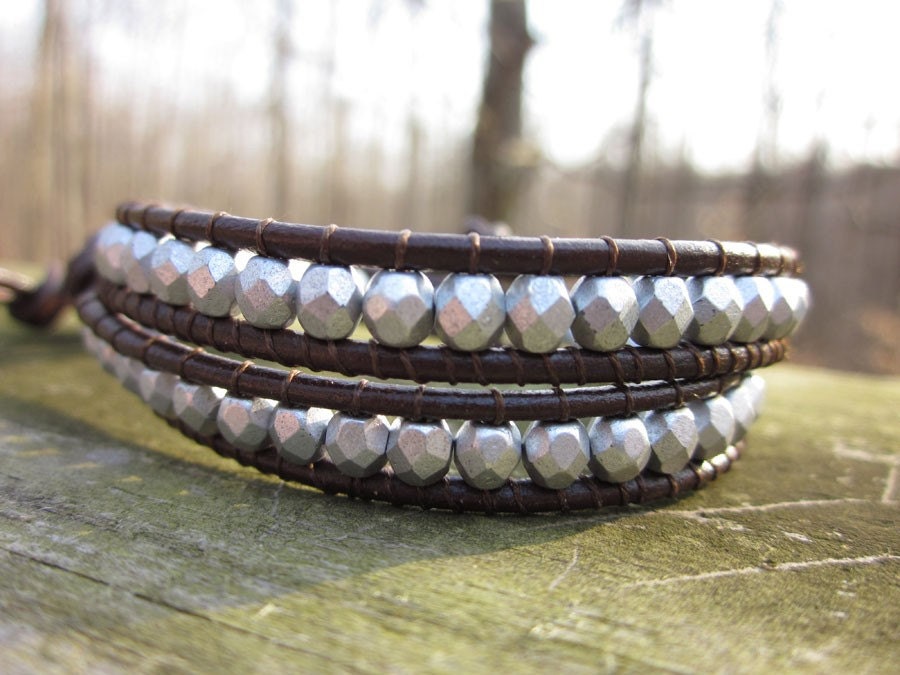 Leather Beaded Wrap Bracelet - Brown and Faceted Silver