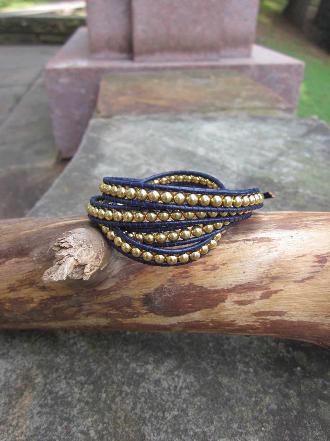 Leather Beaded Wrap Bracelet - Navy and Gold