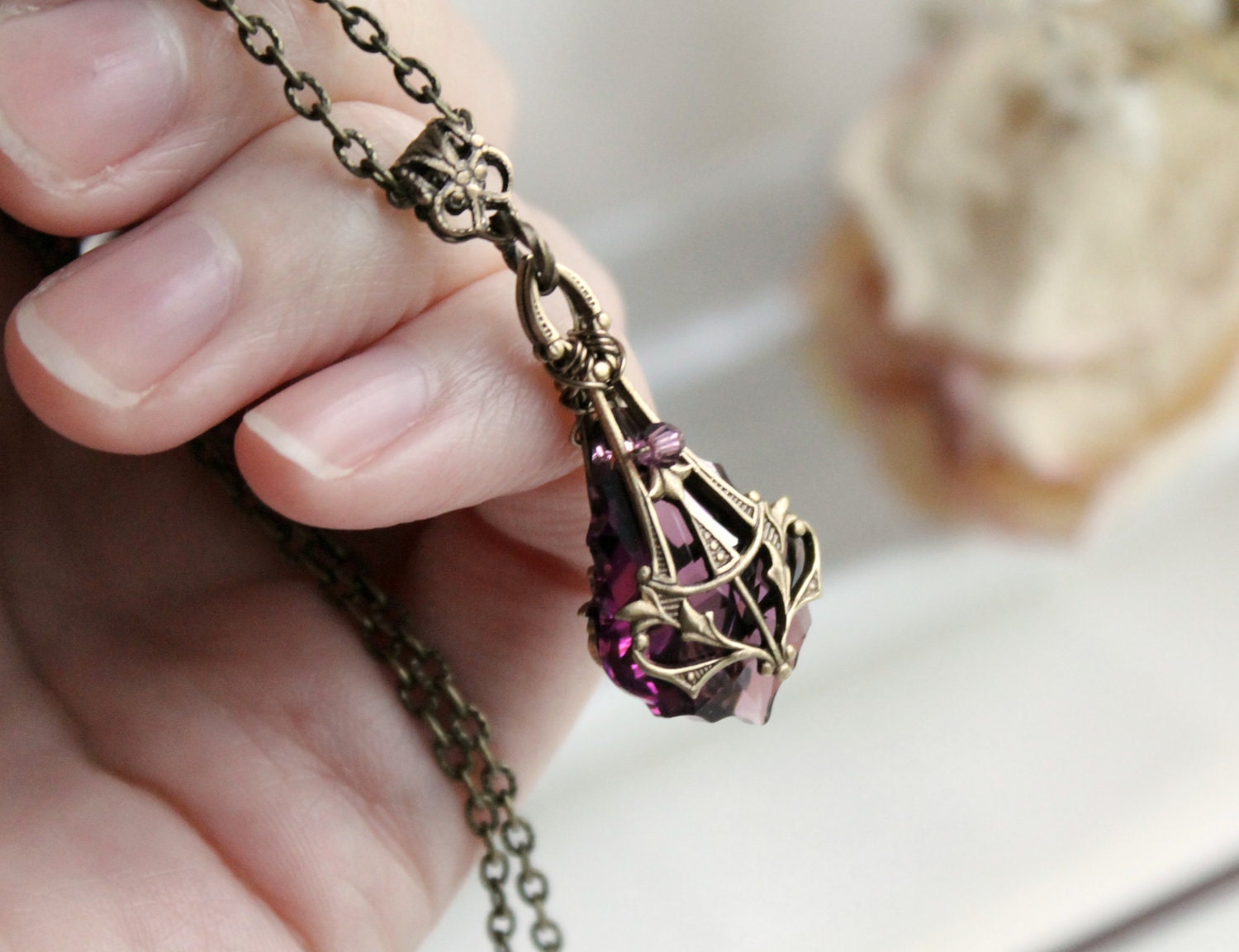 Mariah Aged Brass and Swarovski Necklace - Amethyst - Purple - Aubergine - Victorian - Nouveau - Spring - Wedding - Bridal