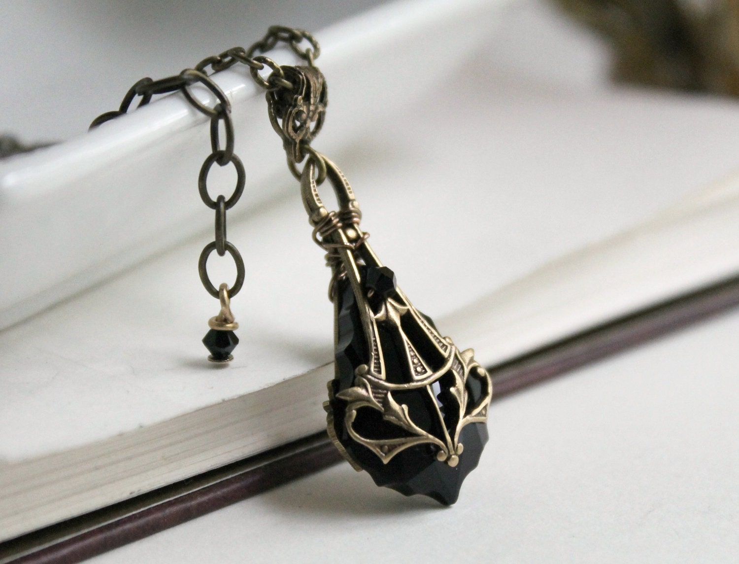 Mariah Aged Brass and Swarovski Necklace - Black - Noir - Nouveau - Victorian - Summer - Wedding - Bridal