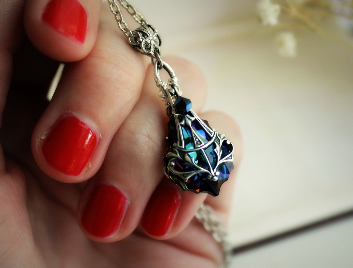 Mariah Aged Silver and Swarovski Necklace - Blue - Indigo - Aqua - Rainbow - Victorian - Nouveau - Summer - Wedding - Bridal