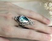 Lady of the Ocean Aged Silver and Swarovski Ring- Blue - Aqua - Silver - Victorian - Fantasy - Water - Summer - Bridal