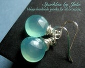 Aqua Chalcedony Earrings - Teal colored gemstone, Wire wrapped in sterling silver, Tiffany Blue, Simple, Classic, Short Dangle