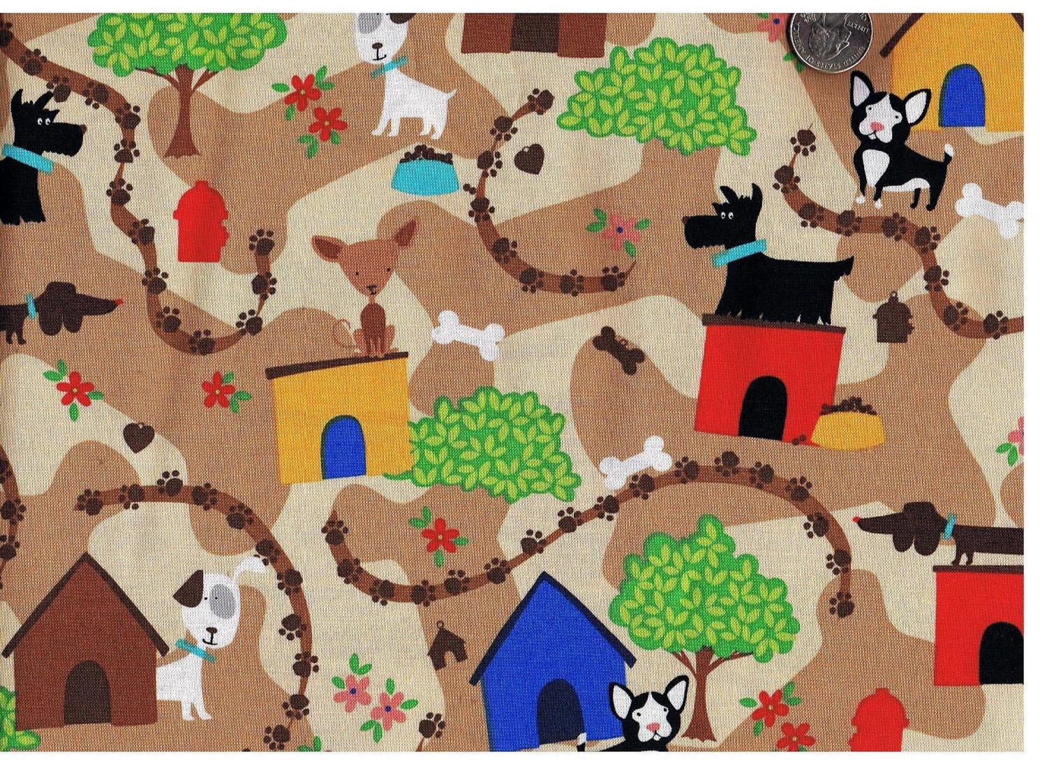 Quilt Fabric Doghouse Dogs 1/2 Yard Brown Cotton Tan Paws Dog Bones Pet
