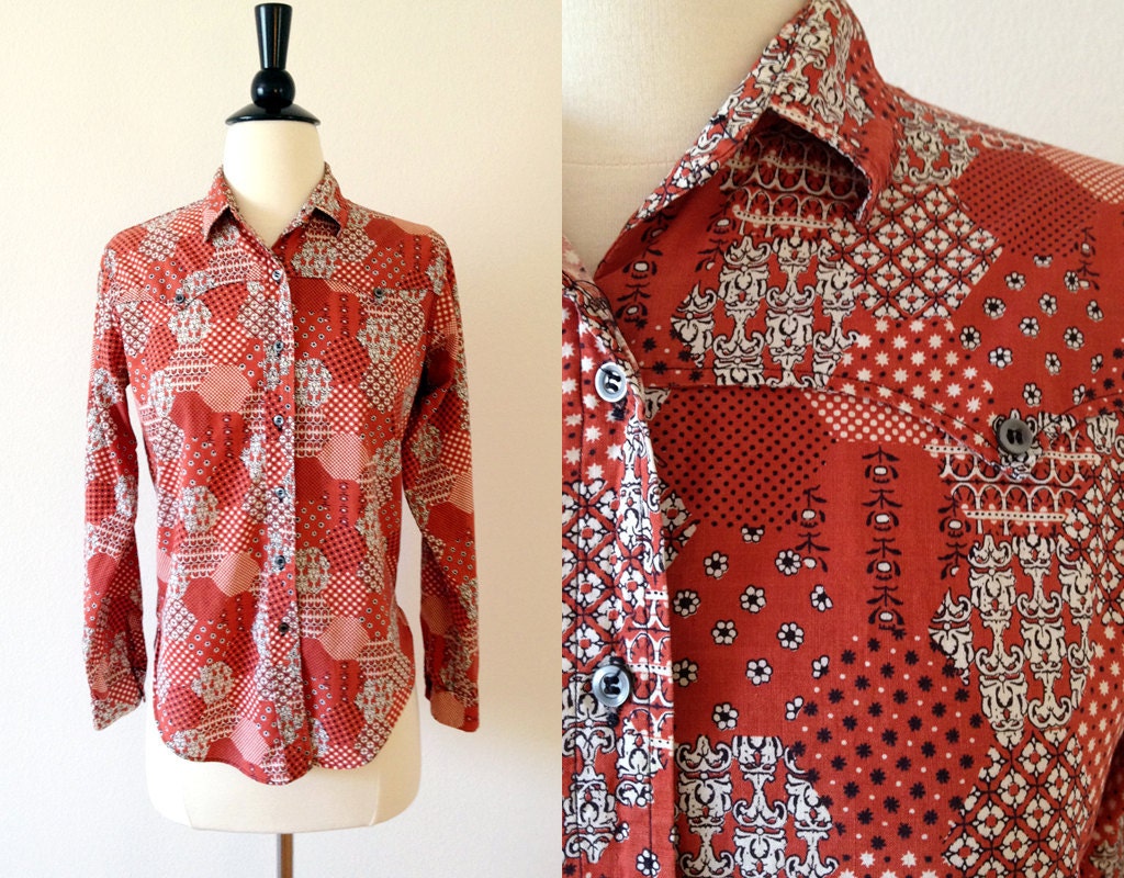 1960s red floral & dot patchwork button down western shirt s