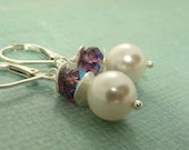 White pearl and amethyst crystal earrings with sterling silver pearl wave
