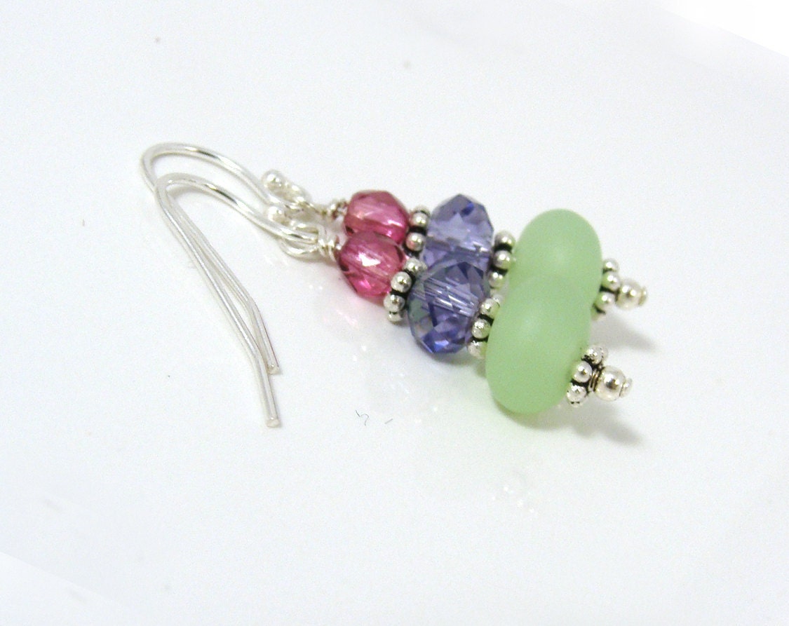 Summer hot pink, purple and sea glass green earrings