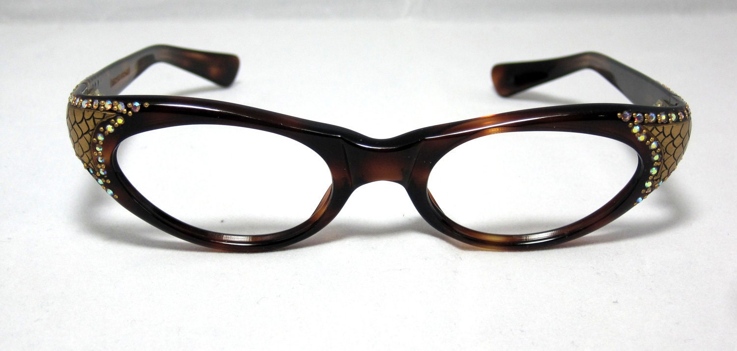 Vintage Cat Eye Glasses. Beautiful Tortoise with Rhinestones and Gold Snakeskin Designs