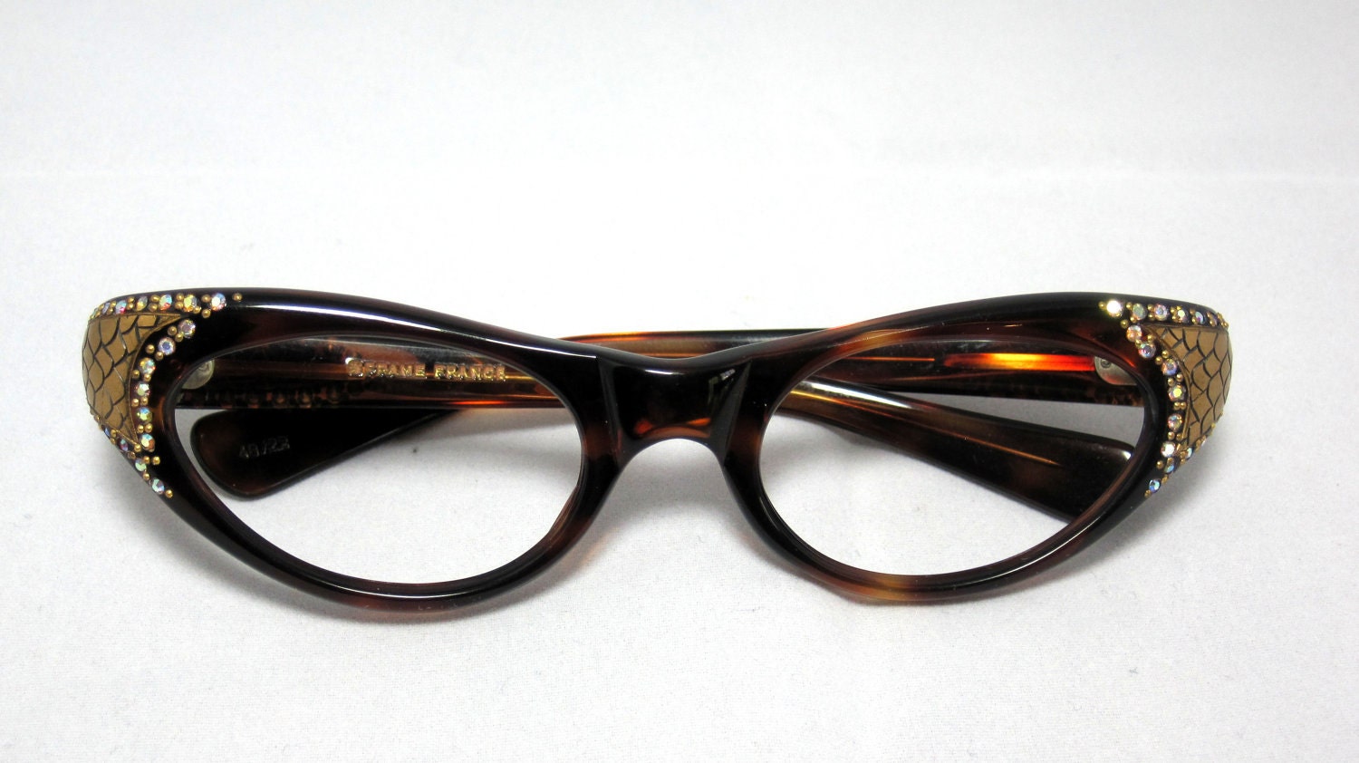 Vintage Cat Eye Glasses. Beautiful Tortoise with Rhinestones and Gold Snakeskin Designs