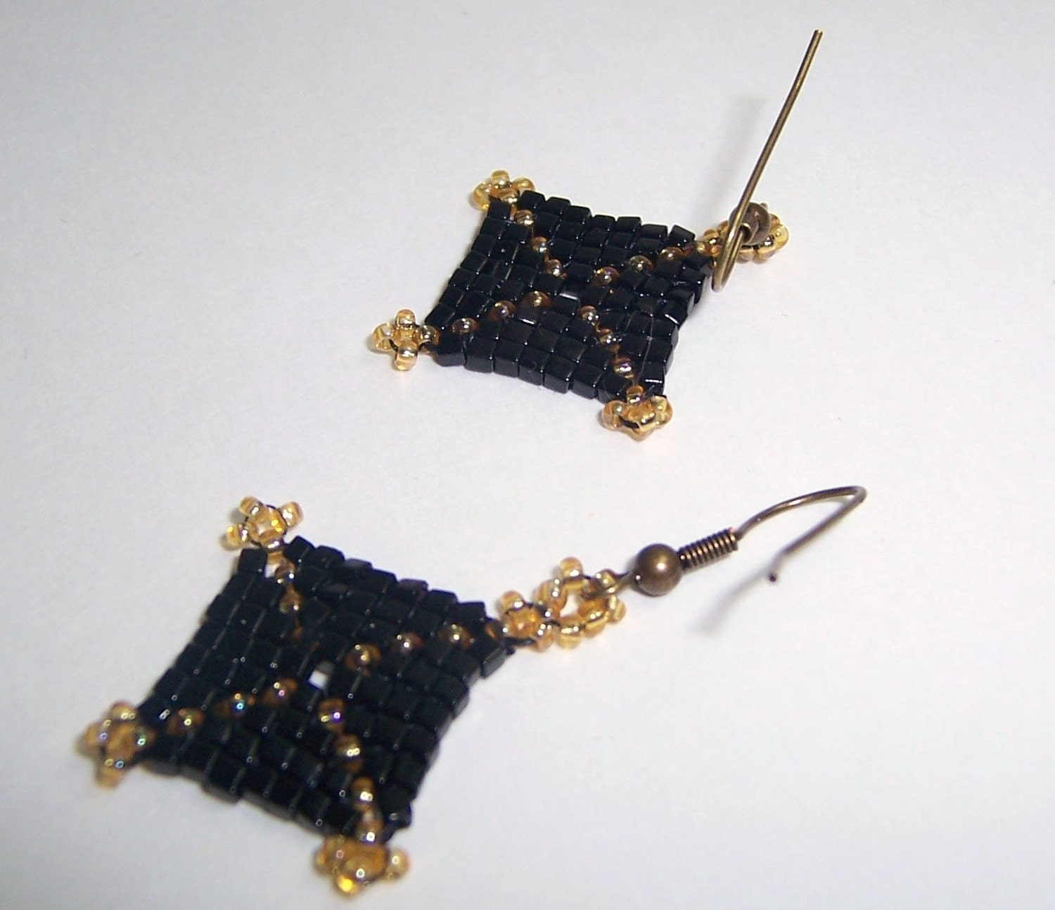 Hand Beaded God's Eye Square Earrings (Black and Yellow Glass)