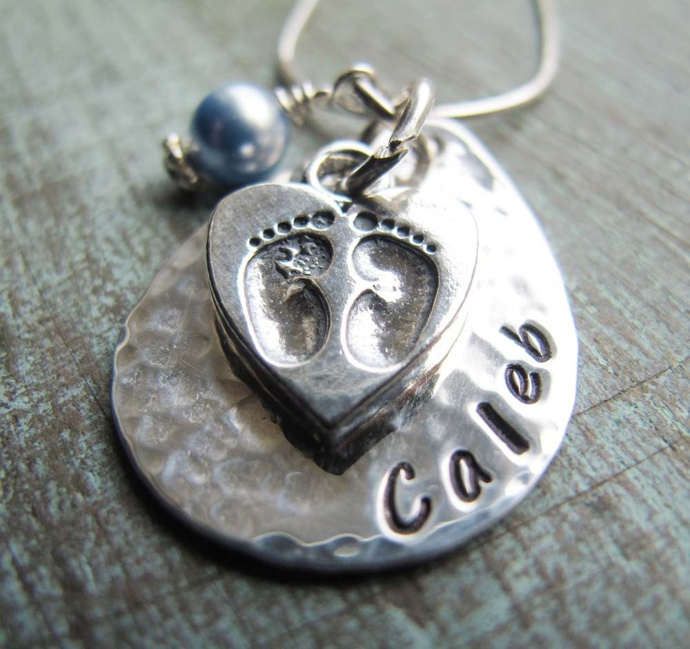 Blessed to be a Mom Handstamped Sterling Silver Teardrop with Baby Footprints - New Mom Baby Shower