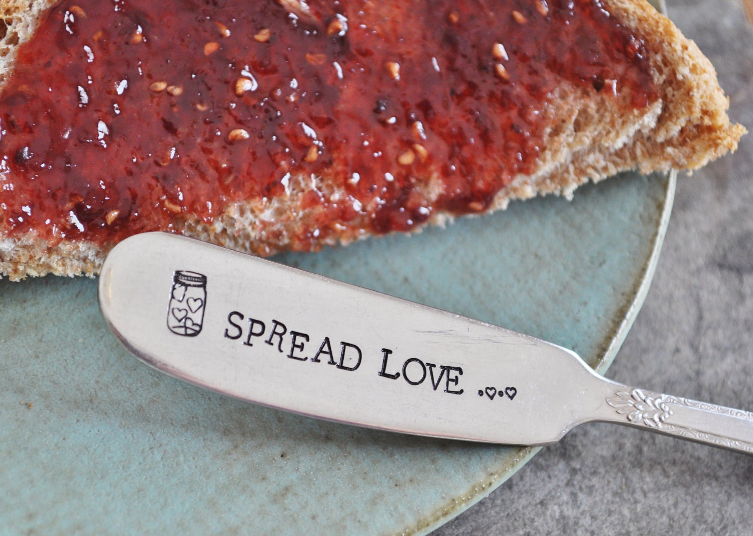 SPREAD LOVE - Hand Stamped Vintage Butter Knife - Jar of Hearts Collection (TM)