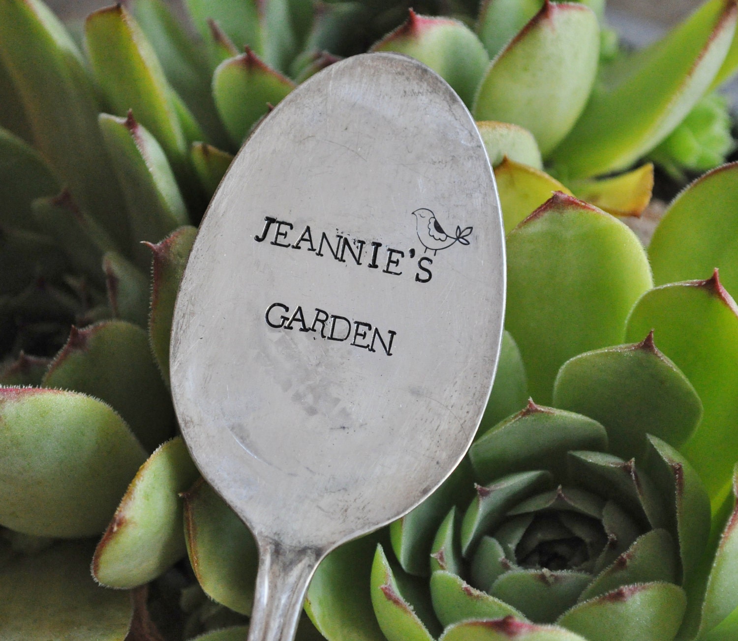 Personalized "My" Garden Hand Stamped Vintage Table Spoon Marker with little Bird - Add your name