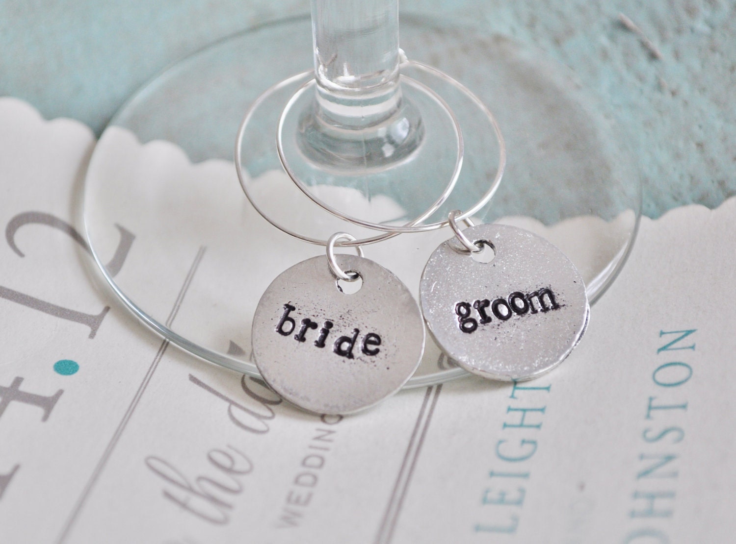 Hand Stamped Bride & Groom Champagne Glass Charms for your Wedding Toast -Personalized with your initials on the back
