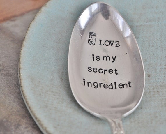 LOVE is my secret ingredient (TM) - Large Hand Stamped Vintage Serving Spoon. For the Baker/Cook in your life