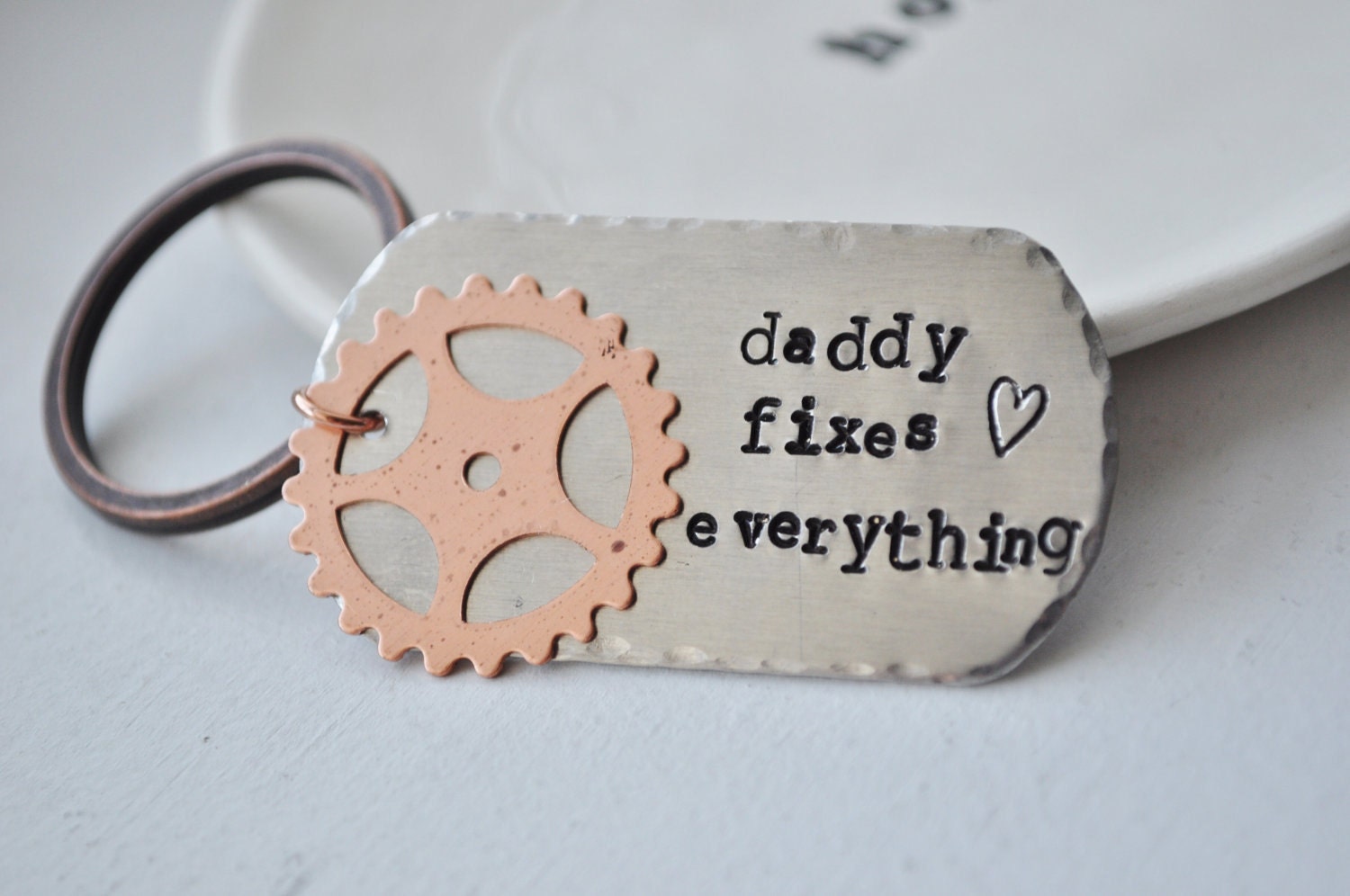 Daddy Fixes Everything - Hand Stamped Dog Tag Key Chain with Copper Gear for Dad this Father's Day