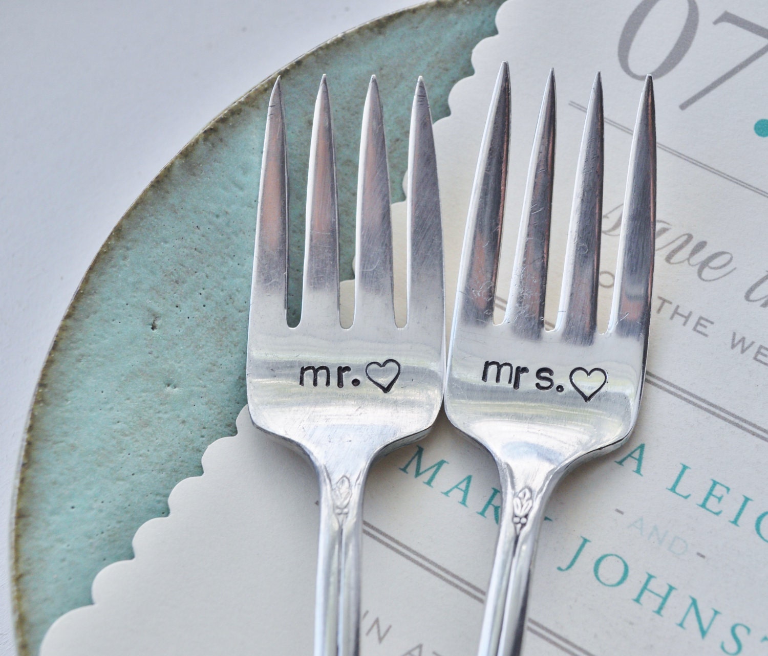 MR. & MRS. Hand Stamped Vintage Wedding Cake Forks - Customized with your Wedding Date