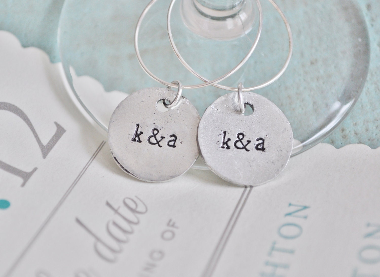 Hand Stamped Pewter Champagne Glass Charms for your Wedding Toast -Personalized with the initials of the Bride & Groom