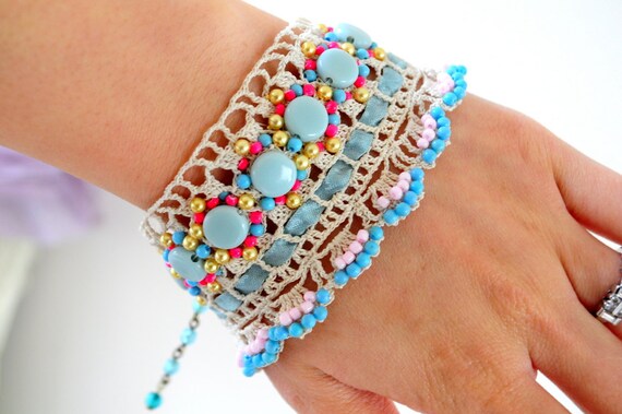robin eggs.. handmade Vintage lace bracelet with blue beads,ribbon and more