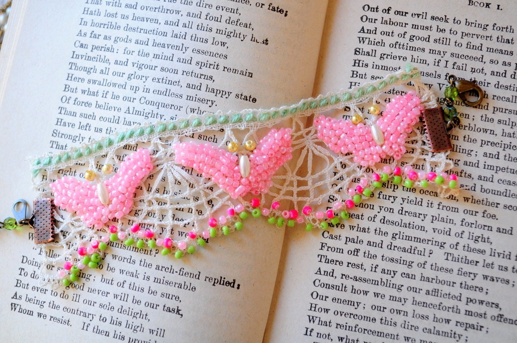 Butterfly effect.. handmade Vintage lace bracelet with pink beads