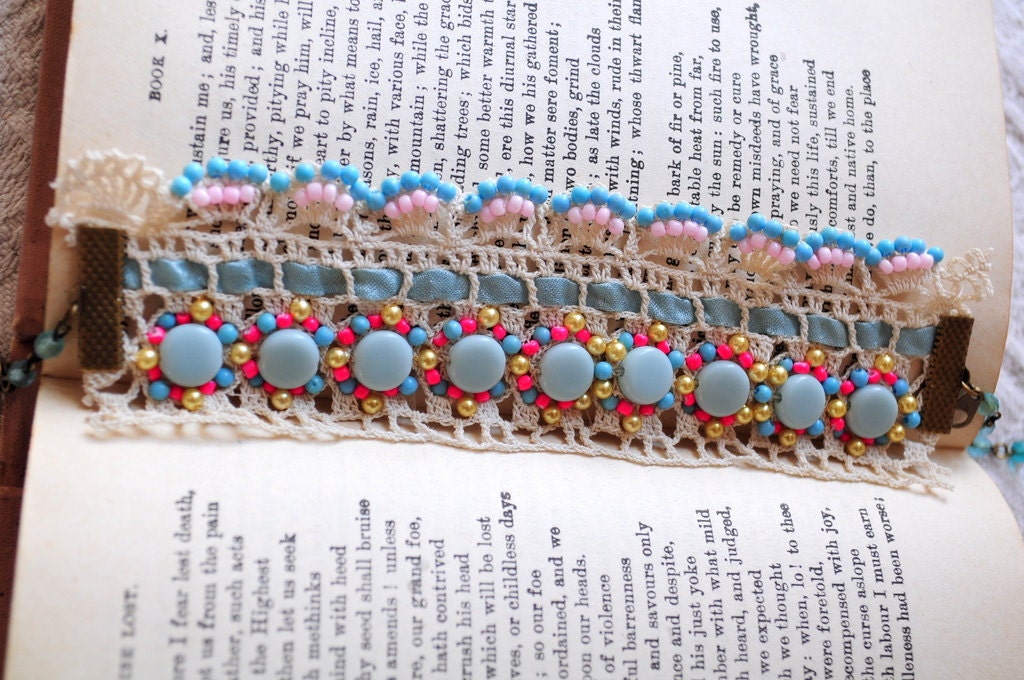 robin eggs.. handmade Vintage lace bracelet with blue beads,ribbon and more