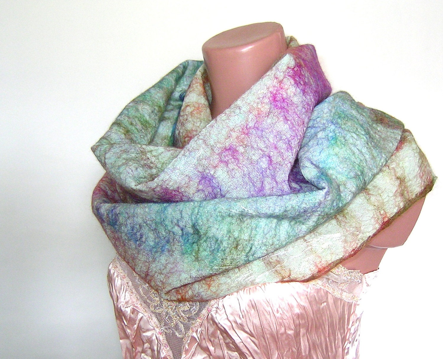 Nuno Felted Scarf  Wrap Stole Aqua Turquoise Blue Tangerine Rust Brick Violet Purple Green Lime