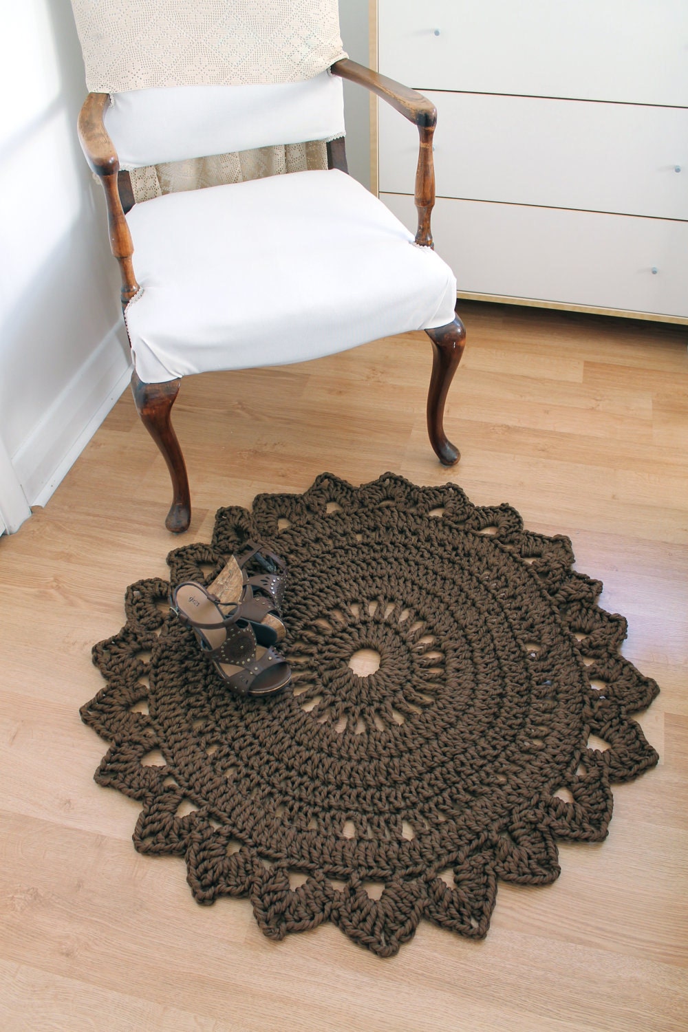 ROUND BEDROOM RUG Handmade Crochet Nylon Chocolate Brown Home Decor