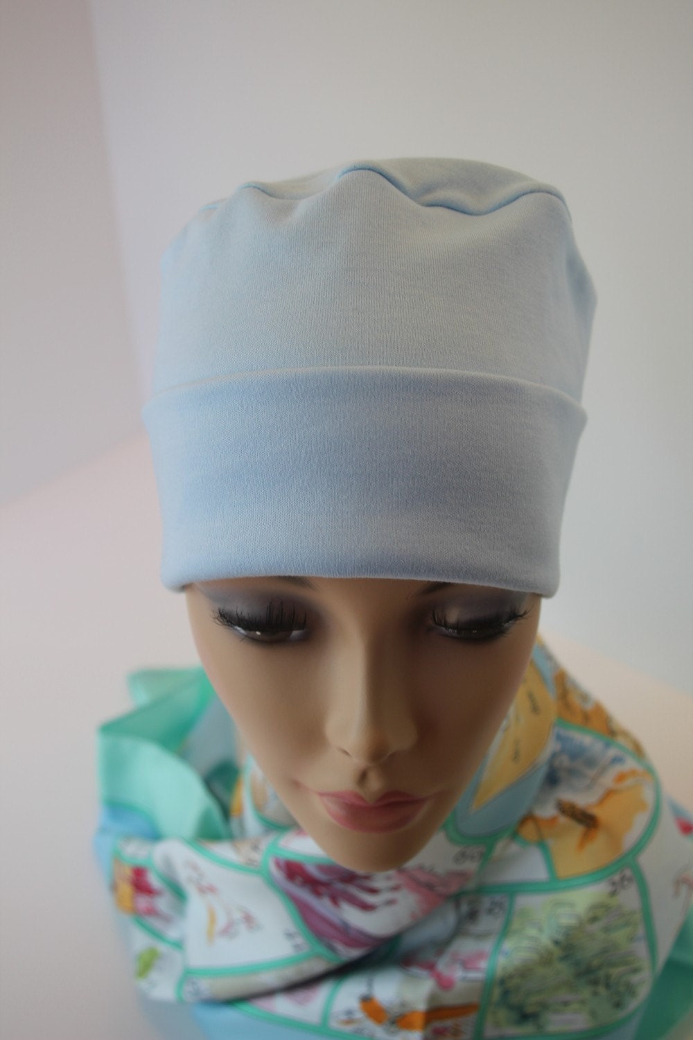 Light Blue Chemo Hat Cancer Cap Sleep Alopecia Cotton Knit Free Ship in USA