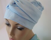 Light Blue Chemo Hat Cancer Cap Soft Warm Cotton Jersey Knit Womens Turban Free Ship in USA