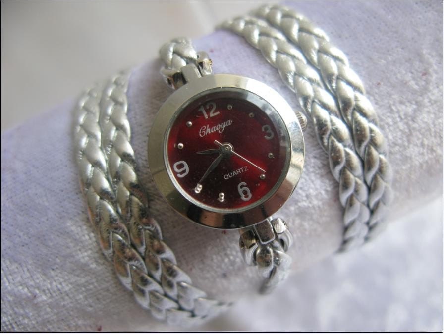 Handmade Leather Wrap Bracelet red watch silver braided band with a lovely round classic pattern WORLWIDE FREE SHIPPING