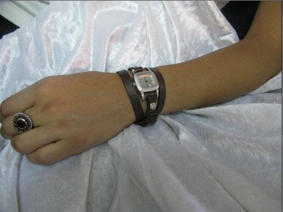 Leather Wrap Watch Retro Style Brushed Silver Square Brown Leather Multi Wrap Bracelet leather Wrap Watch with a lovely pattern FREE SHIP
