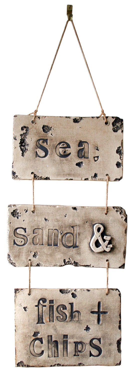 Sea, Sand and Fish and Chips - Vintage Style Ceramic Sign