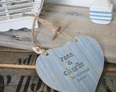 At the Beach - Personalised Ceramic Wedding Heart with Deckchair Stripe