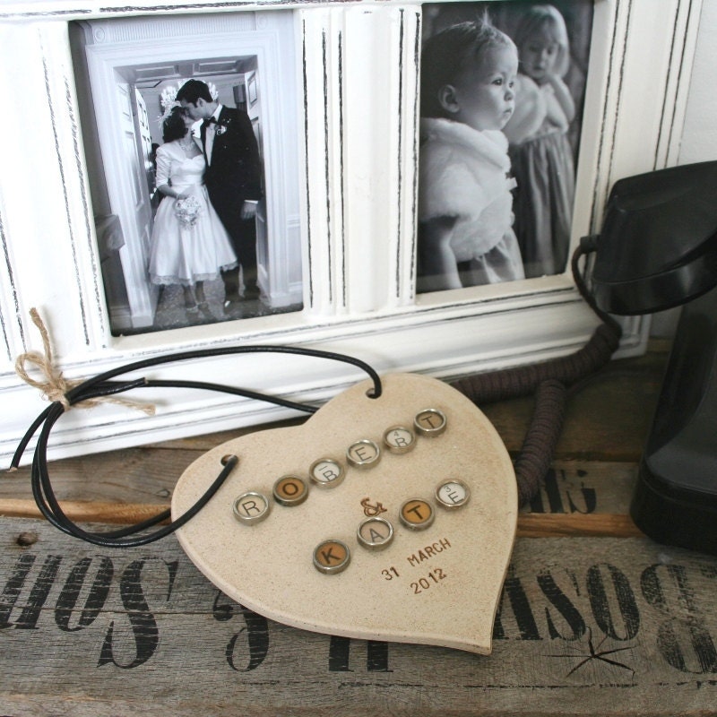 Bletchley Park - Personalised Ceramic Wedding Heart with Vintage Typewriter Keys