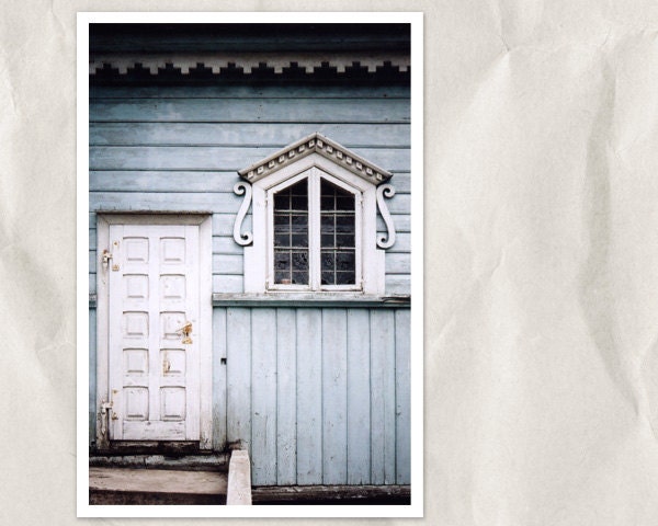 white doors photography, 5x7 print, entrance, wooden wall, doors, white, blue, architectural decor, country house decor
