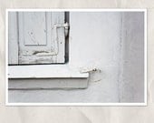 white shutter, architectural, abstract photography, 12x18 print, hinge, window sill, white, gray, blue