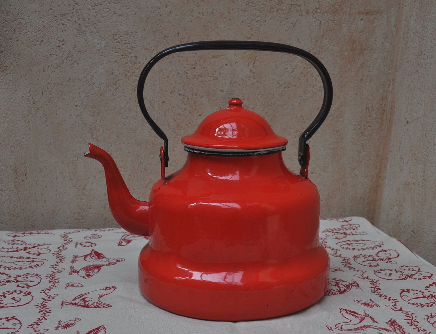 French Country Large Red  Enamelled Kettle
