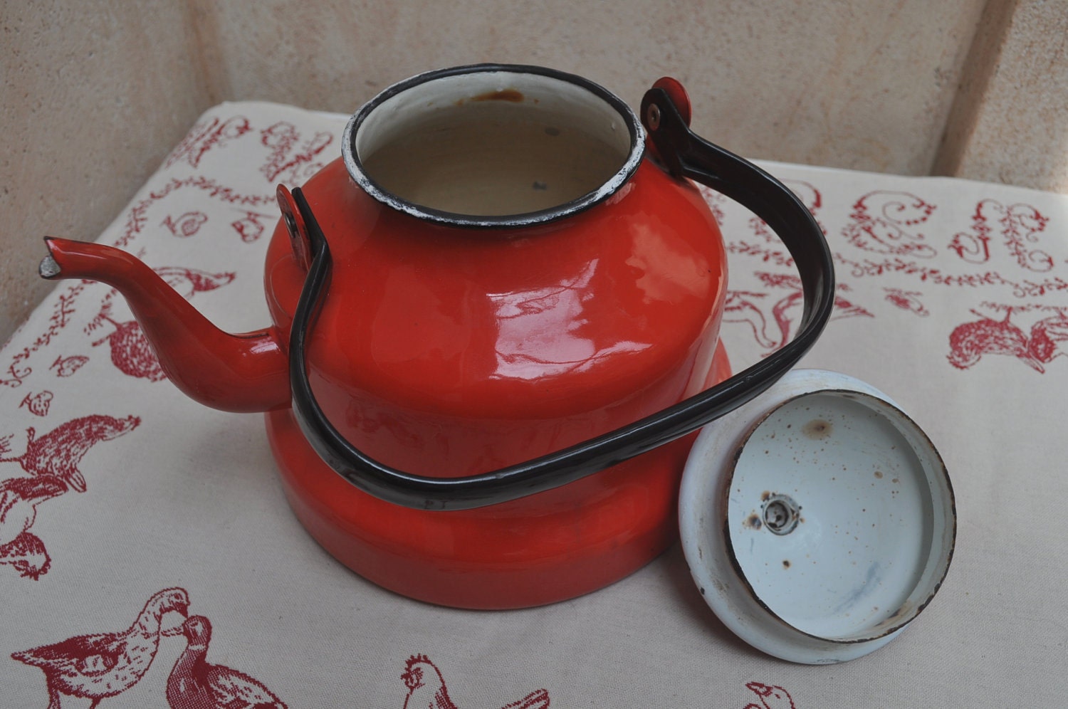 French Country Large Red  Enamelled Kettle
